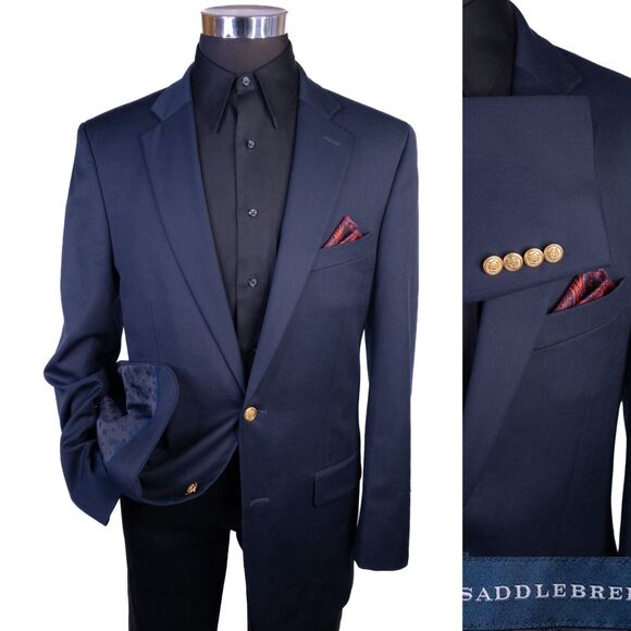 Saddlebred 42L Navy Blue Gold Button Casual Jacket Blazer Sport Coat Modern - Picture 1 of 14